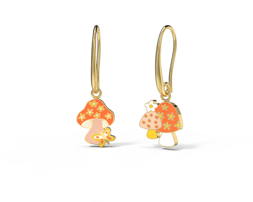 Mushroom Butterfly 18k Gold Drop Earrings