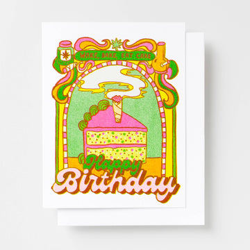 Happy Birthday Wake Bake Eat Cake Weed 420 Risograph Card