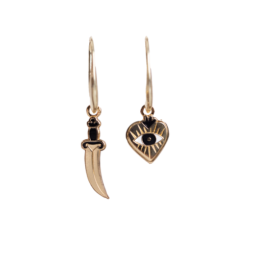 Heart & Dagger 18k Gold Drop Earrings