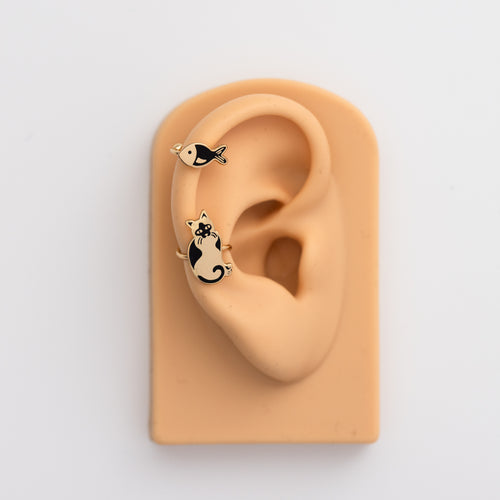 Cat & Fish 18 K Gold Ear Cuffs