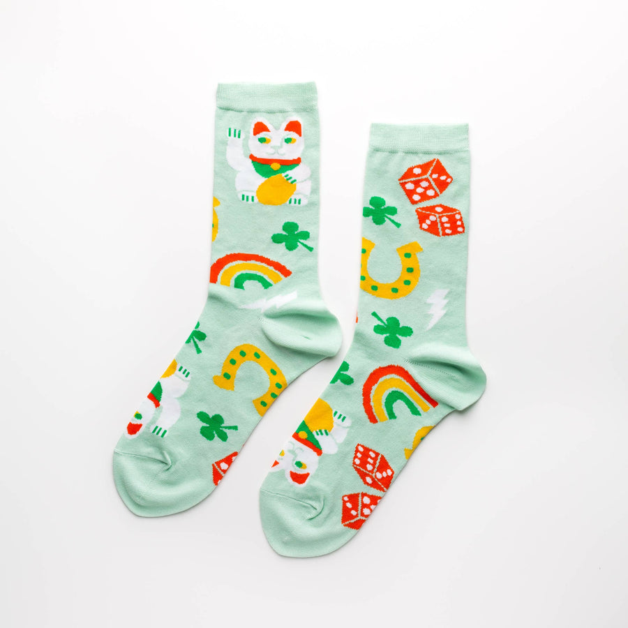 S Lucky Cat & Clover Adult Crew Socks