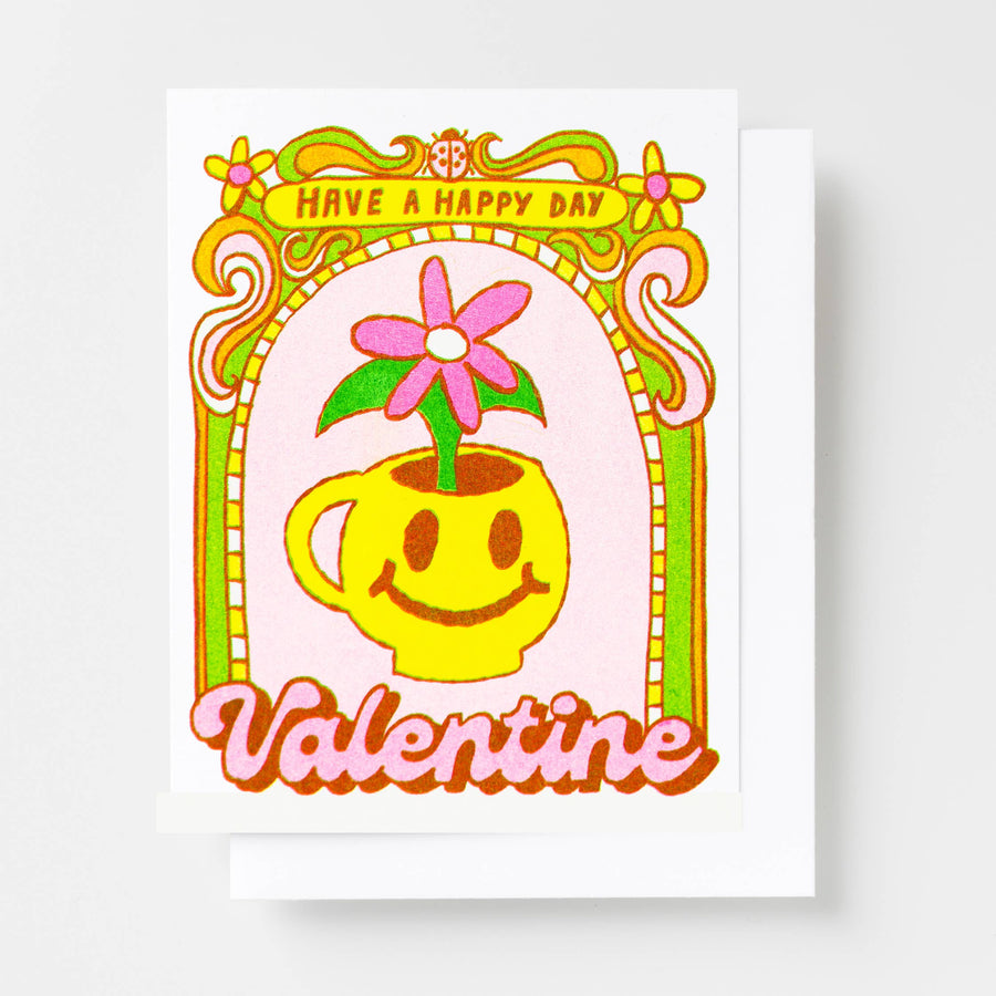 Happy Valentine's Day Smiley Face Plant Risograph Card