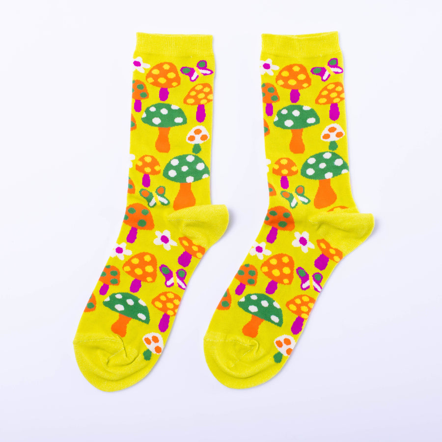 S Mushroom Butterfly Adult Crew Socks